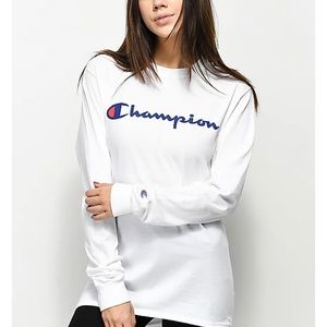 Champion Long Sleeve White Graphic T-Shirt Size Small